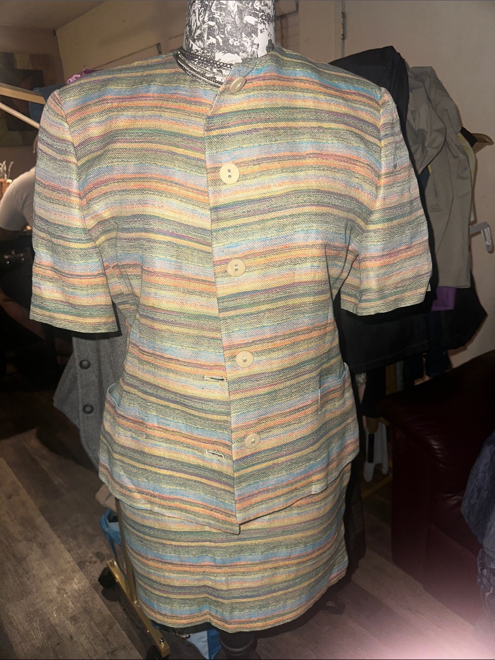 Missoni Vintage Striped Short-Sleeve Skirt Set in Green and Brown
